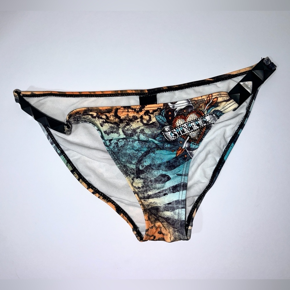 Sinful by Affliction Bikini Bottom Studded Heart Tiger Rhinestone Blue M